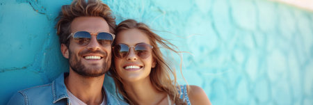 Stylish Couple in Sunglasses Against Blue Wallの素材
