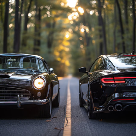 Classic and Modern Sports Cars on Forest Road at Sunsetの素材