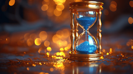 Gleaming Hourglass with Blue Sand on a Festive Backgroundの素材