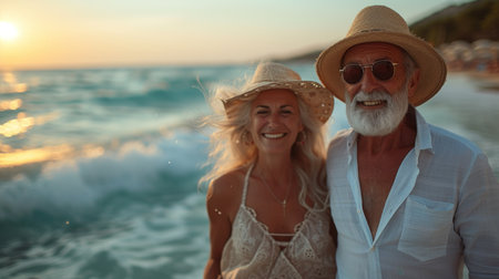 Joyful Couple Enjoying Sunset on the Beachの素材
