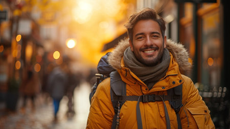 Winter Joy in the City: Smiling Man with Backpackの素材