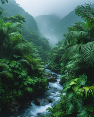 Misty Jungle River in Lush Greeneryの素材