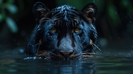 Black Panther Stalking in Waterの素材