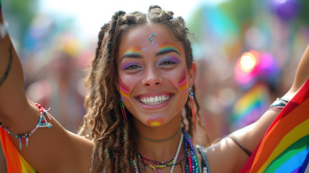 Festive Pride Celebration: Joyful Woman with Rainbow Paintの素材