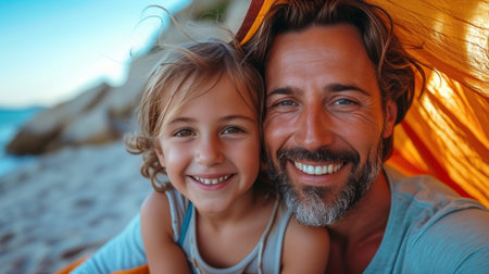 Father and Daughter Smiling Under a Sunset Tentの素材