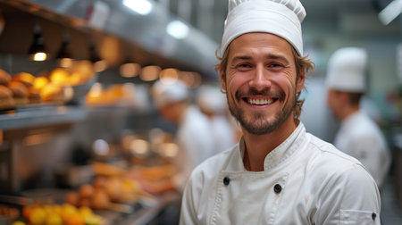Joyful Executive Chef in a Bustling Restaurant Kitchenの素材