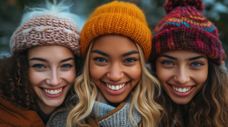 Three Friends Smiling in Winter Hatsの素材