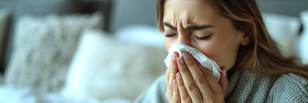 Woman Blowing Nose into Tissueの素材