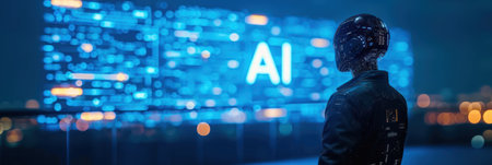 Person with Futuristic Helmet Looking at AI Interfaceの素材