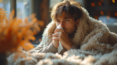 Man with a Cold Wrapped in a Blanketの素材