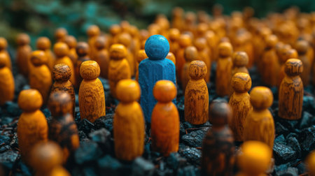 Standing Out: One Blue Figure Among Many Orangeの素材
