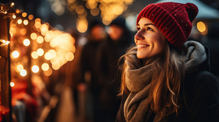 Woman Enchanted by Sparkling Holiday Lightsの素材