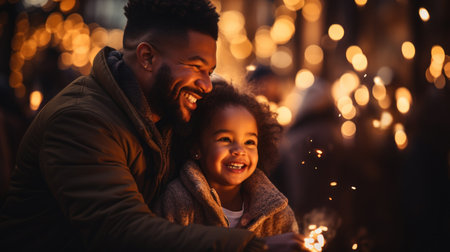 Illuminated Laughter and Warmth in Winter. Father and daughterの素材