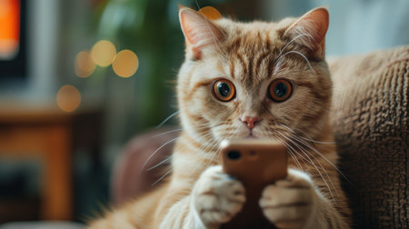 Focused Cat with a Smartphoneの素材