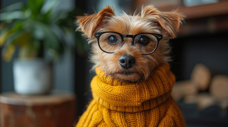 Stylish Dog Wearing Glasses and a Yellow Sweaterの素材