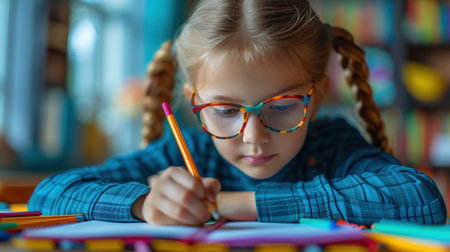 Studious Girl Concentrating on Her Drawingの素材