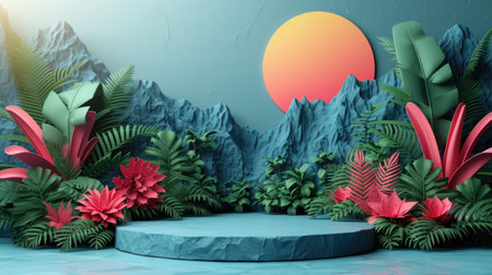 Stylized Event Stage with Mountainous Paper Artの素材