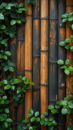 Vine Leaves on Aged Bamboo Fenceの素材