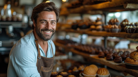 Cheerful Baker in a Pastry Shopの素材