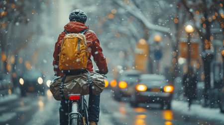 Cyclist on Snowy City Streetの素材