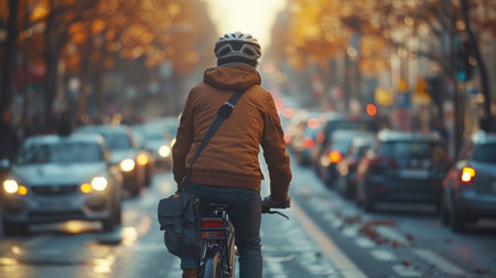 Urban Cyclist on a City Street at Sunsetの素材