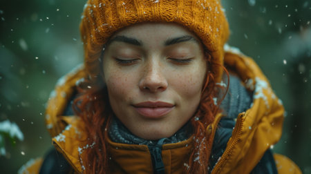 Winter Serenity: Woman Embracing the Snowの素材