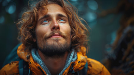 Close-up of a Thoughtful Man with Curly Hair Looking Upwardの素材