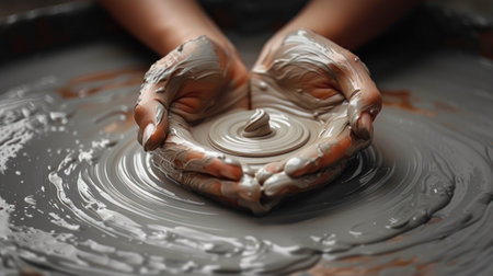 Hands shaping clay on pottery wheelの素材