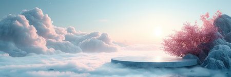 Surreal Landscape with Cherry Blossom and Stone Path Above Cloudsの素材