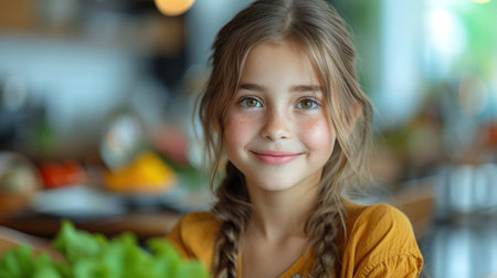 Smiling Young Girl with a Bowl of Saladの素材