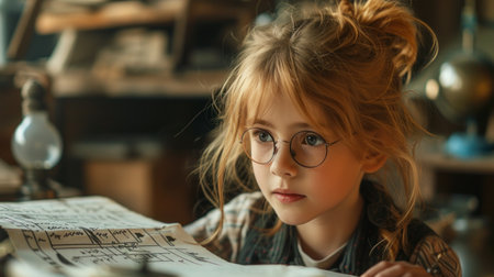 Thoughtful Young Girl with Glasses Studyingの素材