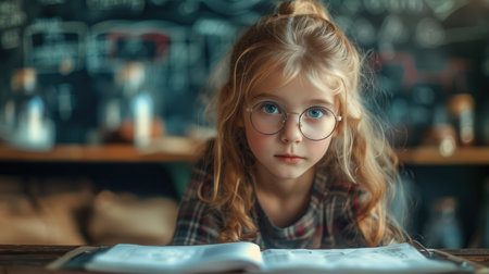 Curious Girl with Glasses in a Classroom Settingの素材