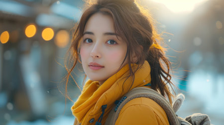 Winter Portrait of a Young Woman in a Yellow Scarfの素材