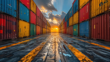 Colorful Shipping Containers in a Rowの素材