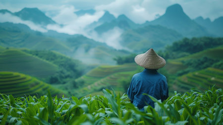 Man in Straw Hat Standing in Fieldの素材