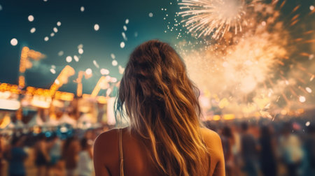 Woman Watching Fireworks Displayの素材