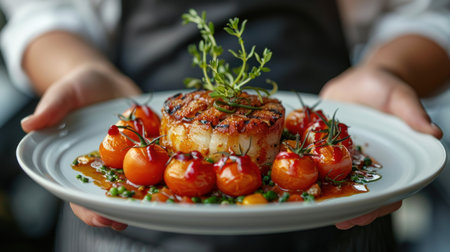 Person Holding Plate of Food With Tomatoesの素材