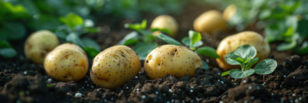 Group of Potatoes Growing in Dirtの素材