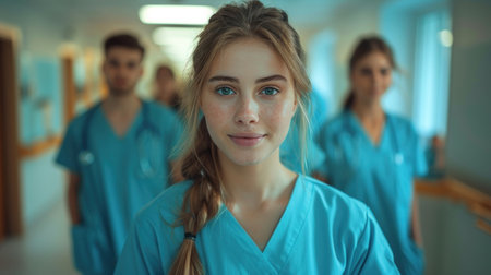 Female Healthcare Worker in Scrubs Standing in Hospital Hallwayの素材