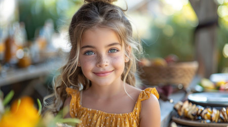 Little Girl Sitting at Table With Plates of Foodの素材
