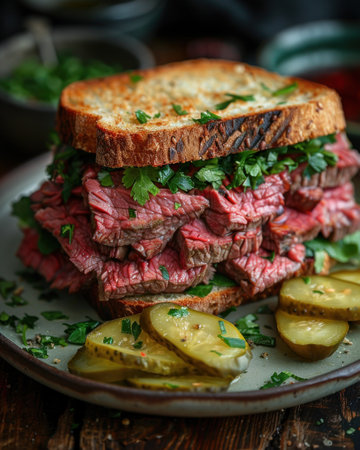 Steak Sandwich With Pickles on Plateの素材