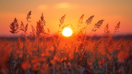 Sun Setting Over Tall Grass Fieldの素材