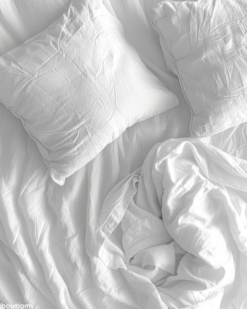 Unmade Bed With White Sheets and Pillowsの素材