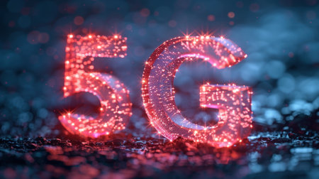 5G. Number Five Lit Up in Red Lightsの素材