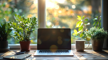 Laptop Computer on Wooden Deskの素材