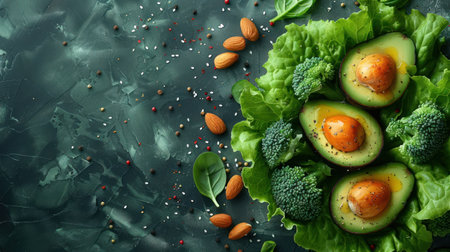 Broccoli, Avocado, and Carrots Arranged on Greenの素材