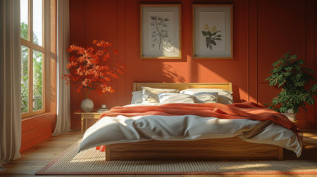 Bedroom With Orange Walls and Bedの素材