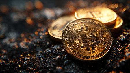 Stack of Gold Bitcoins on Black Surfaceの素材