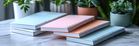 Three Notebooks and Potted Plant on Tableの素材