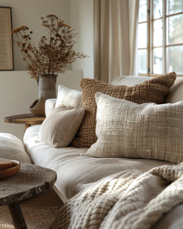Cozy Living Room With Furniture and Pillowsの素材
